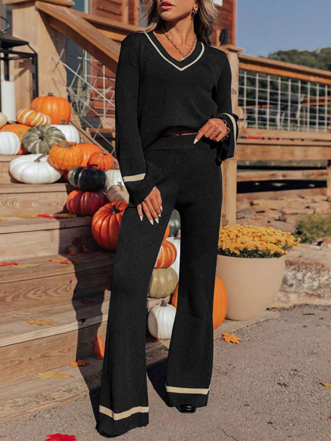 Perfee V-Neck Long Sleeve Top and Pants Set - Size: S-L