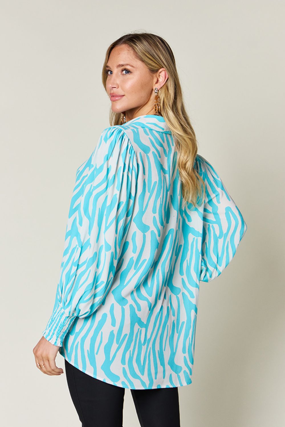 Double Take - Printed Smocked Long Sleeve Blouse - Size: S-3XL