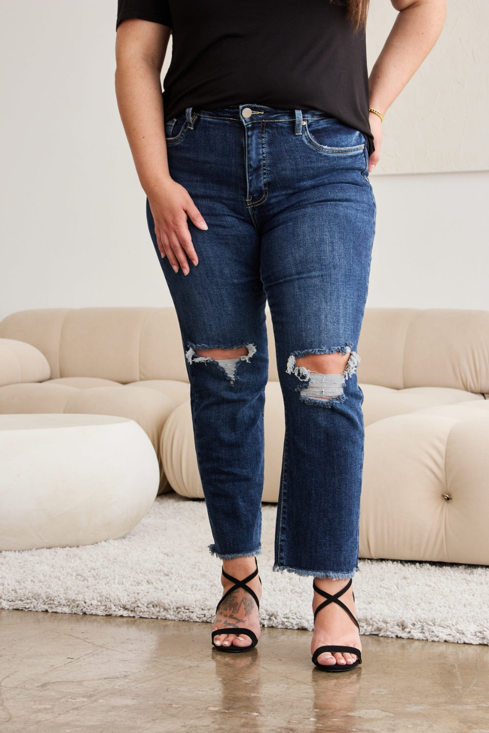 RFM - Crop Dylan Tummy Control Distressed High Waist Raw Hem Jeans - Size: 23-32 & 16W-24W