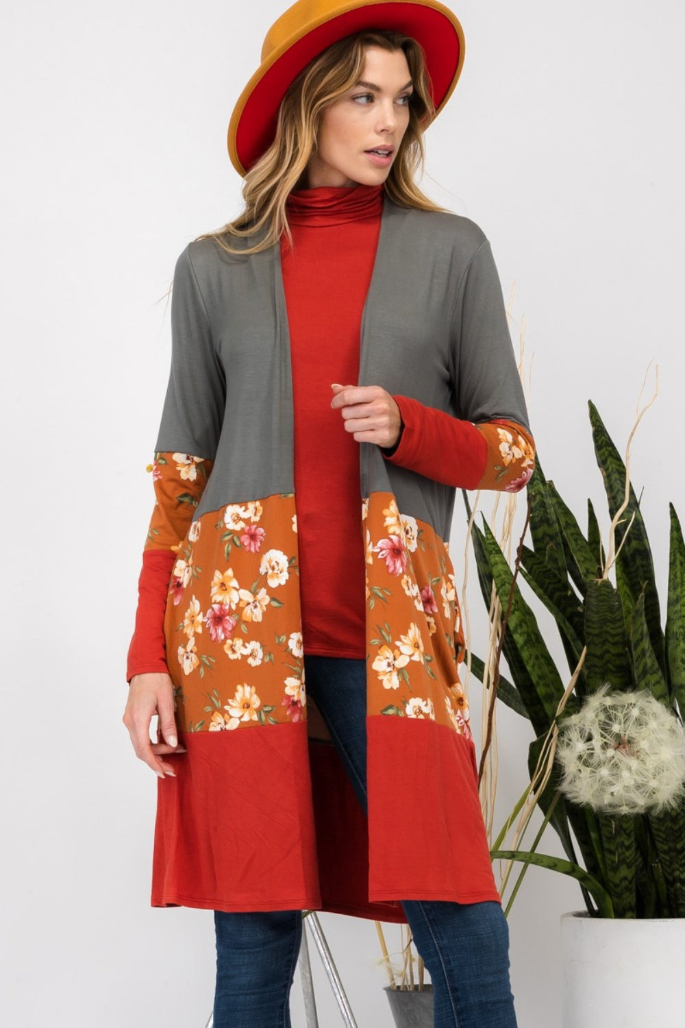 Celeste - Floral Color Block Open Front Cardigan - Size: S-3XL