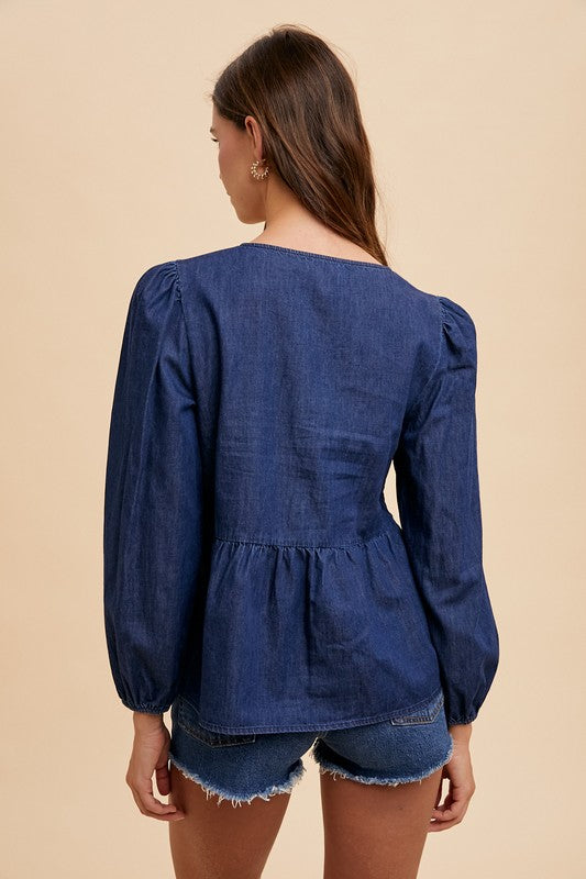 Annie Wear - Tie Front Peplum Long Sleeve Denim Top - Size: S-XL