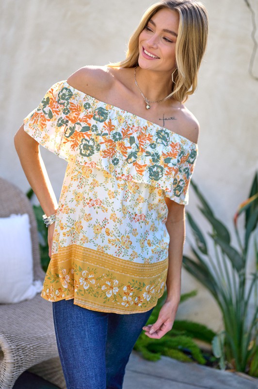 Davi & Dani - Printed Off Shoulder Smocked Top