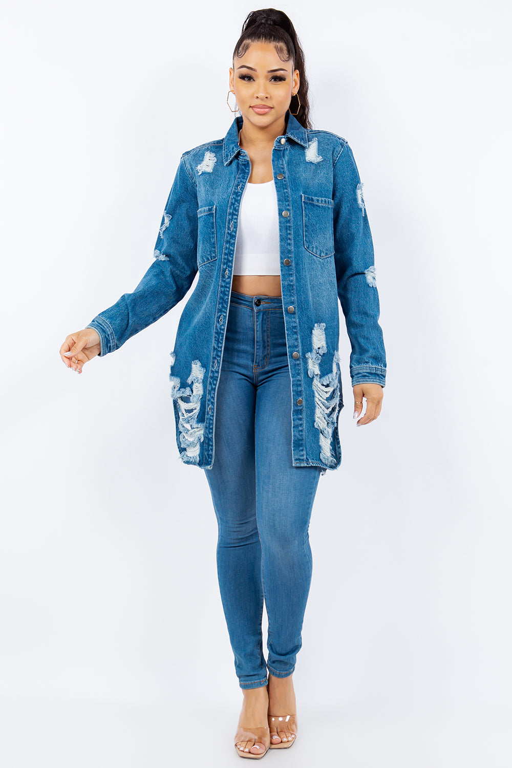 American Bazi - Distressed Button Up Long Sleeve Denim Jacket