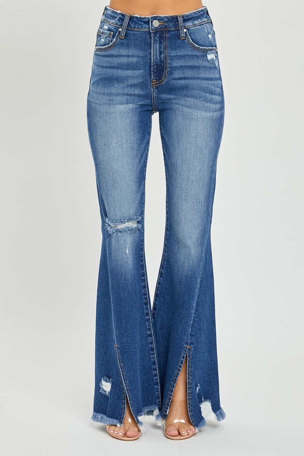 RISEN - High Rise Front Slit Frayed Hem Flare Jeans - Size: 0-3XL