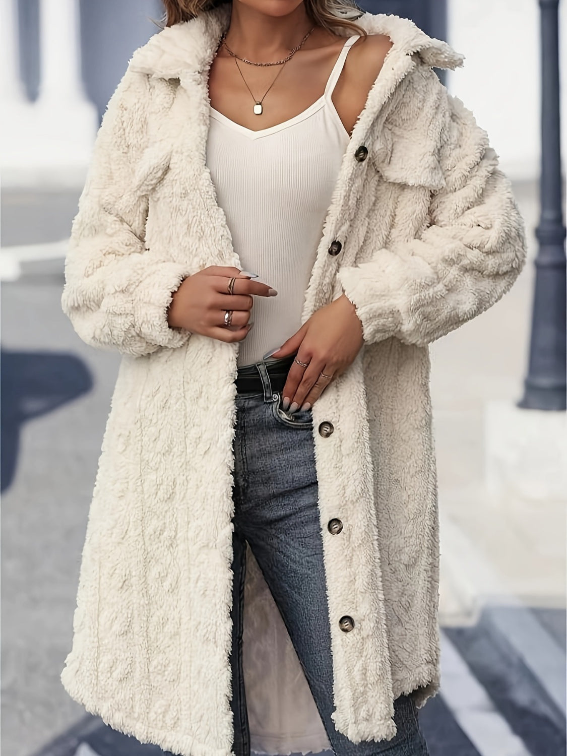 Fuzzy Button Up Long Sleeve Longline Coat - Size: S-2XL