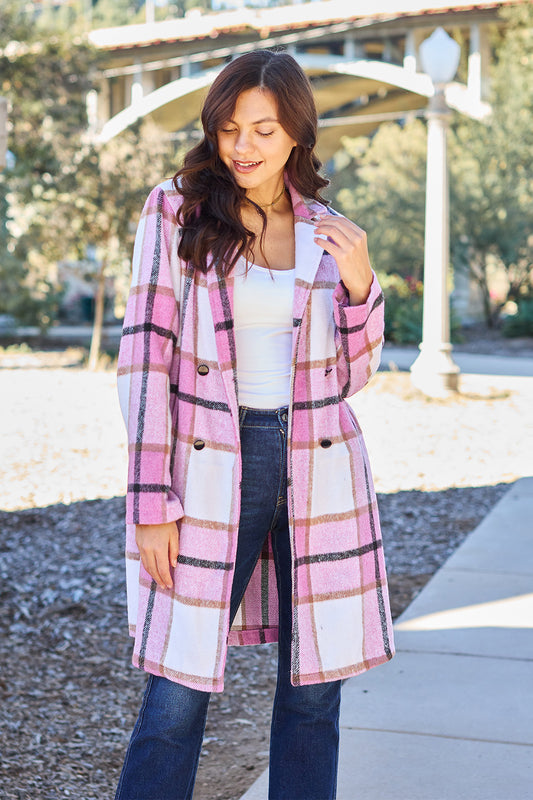 Double Take - Plaid Button Up Lapel Collar Coat - Size: S-3XL