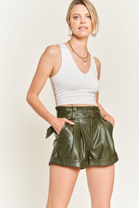 Jade by Jane - High-rise Waist Belted Faux Leather Short in Black or Olive