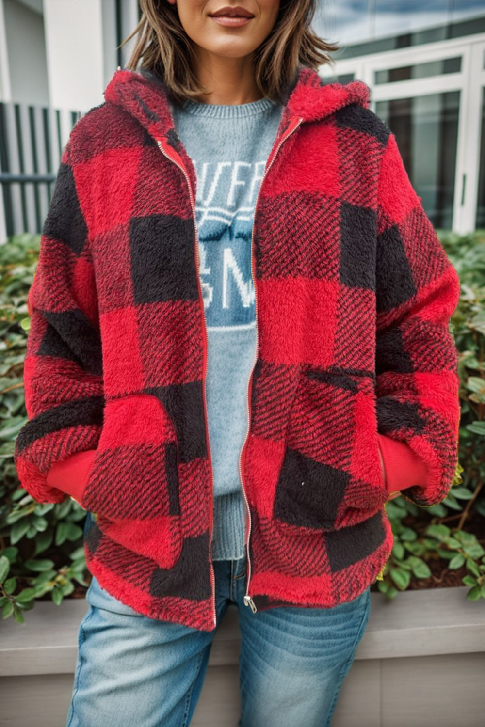 Double Take - Plaid Long Sleeve Hooded Coat - Size: S-3XL