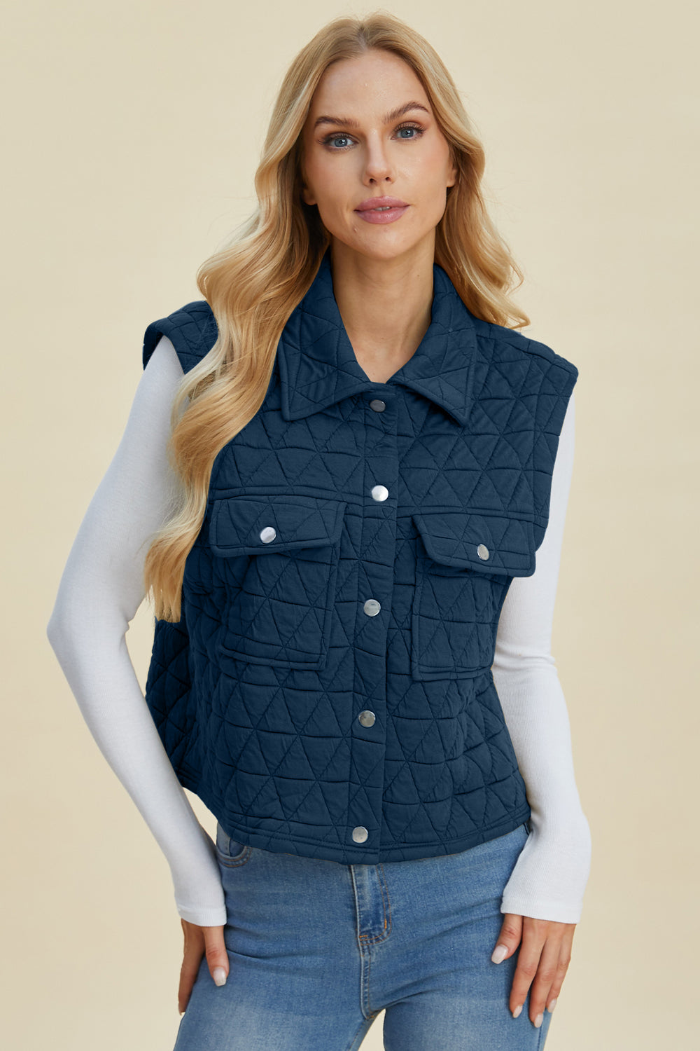 Double Take - Pocketed Texture Snap Down Vest Coat - Size: S-3XL