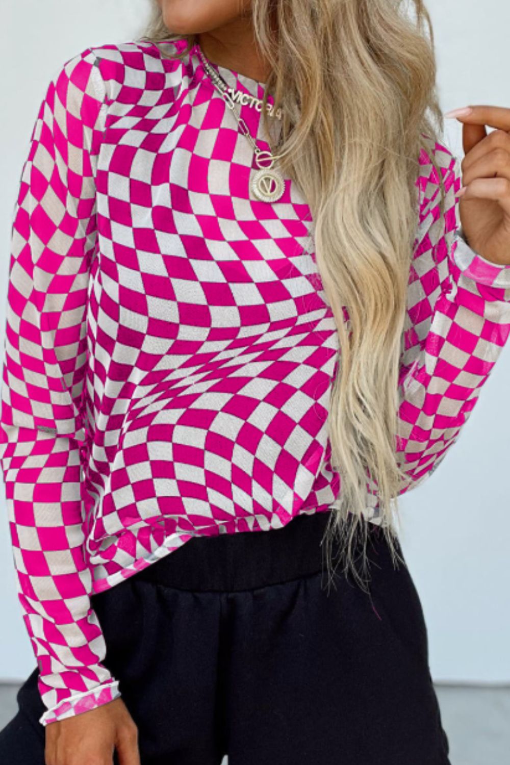 Checkered Mock Neck Long Sleeve Sheer Blouse - Size: S-XL