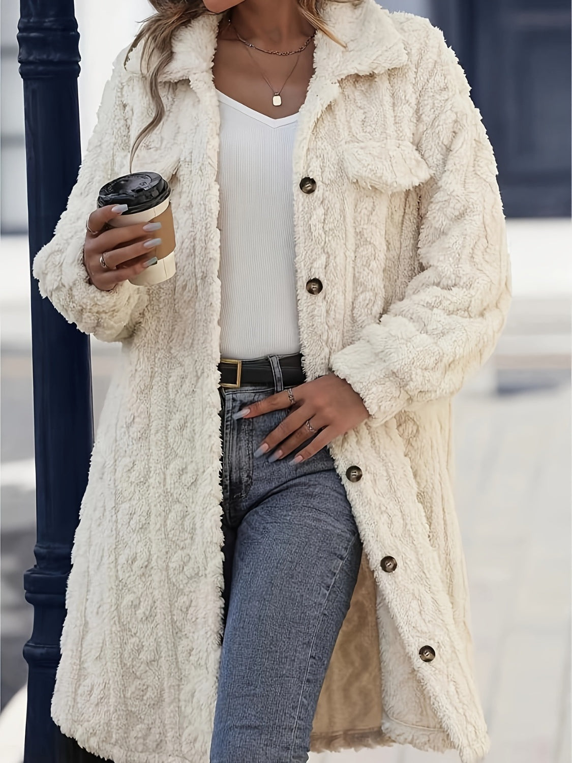 Fuzzy Button Up Long Sleeve Longline Coat - Size: S-2XL