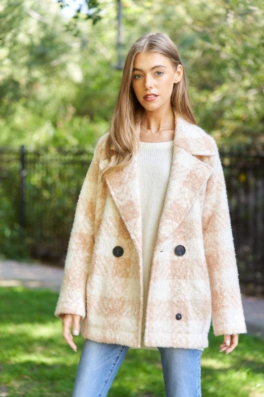 Davi & Dani - Fuzzy Boucle Textured Double Breasted Coat Jacket