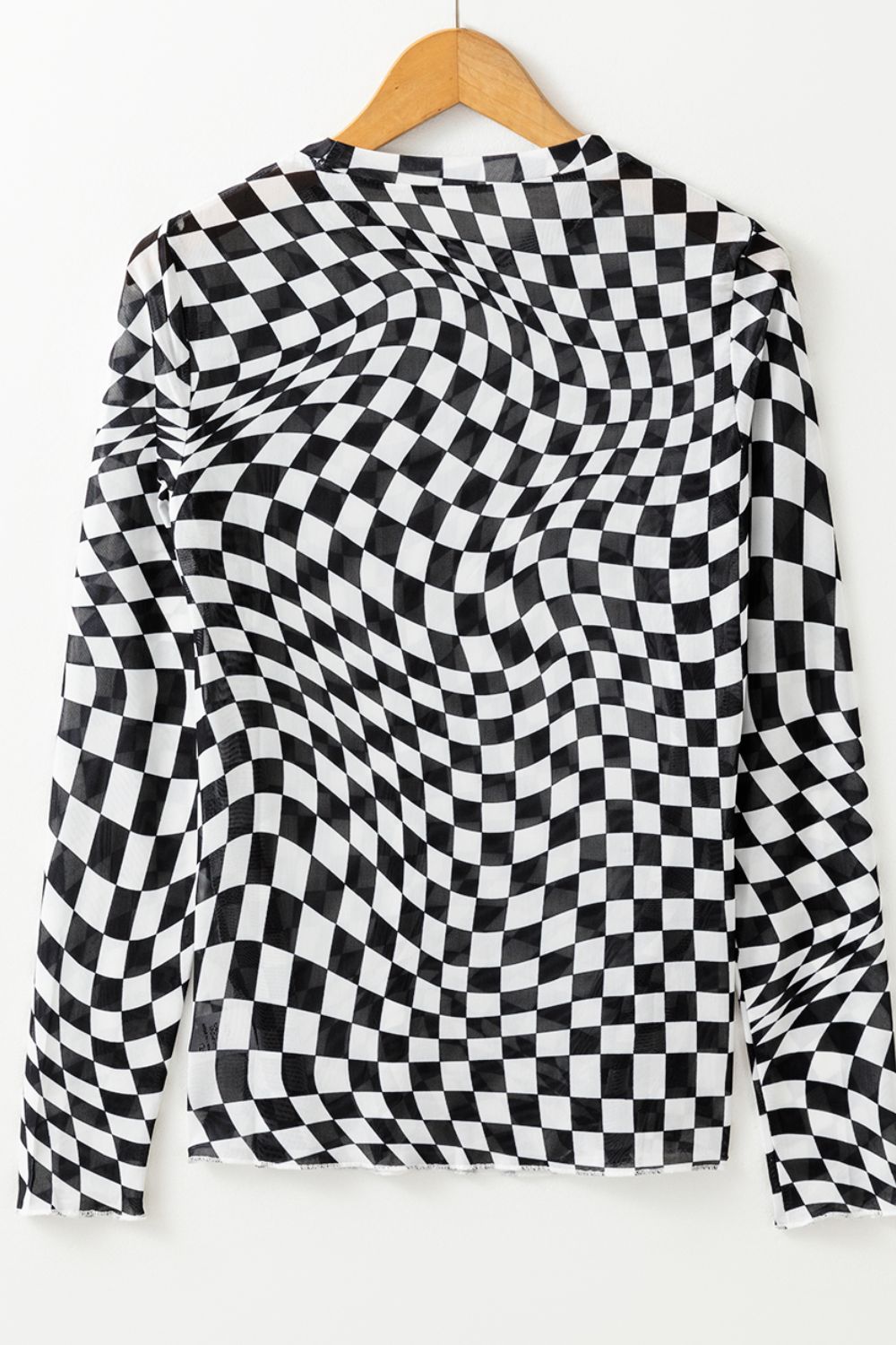 Checkered Mock Neck Long Sleeve Sheer Blouse - Size: S-XL