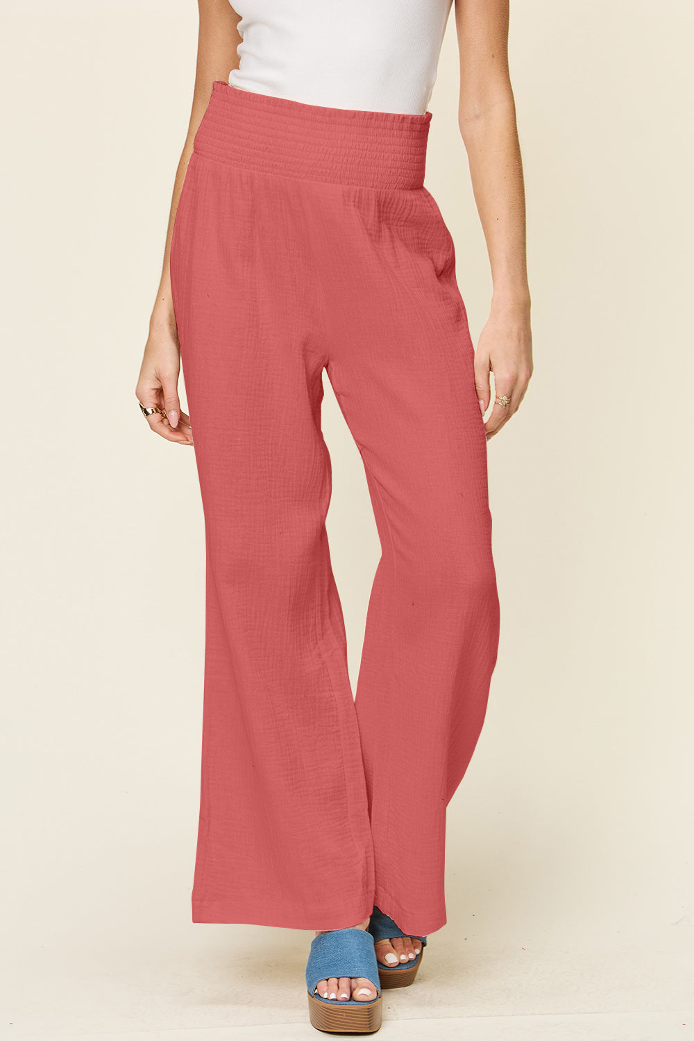 Double Take - Texture Smocked Waist Wide Leg Pants - Size: S-3XL