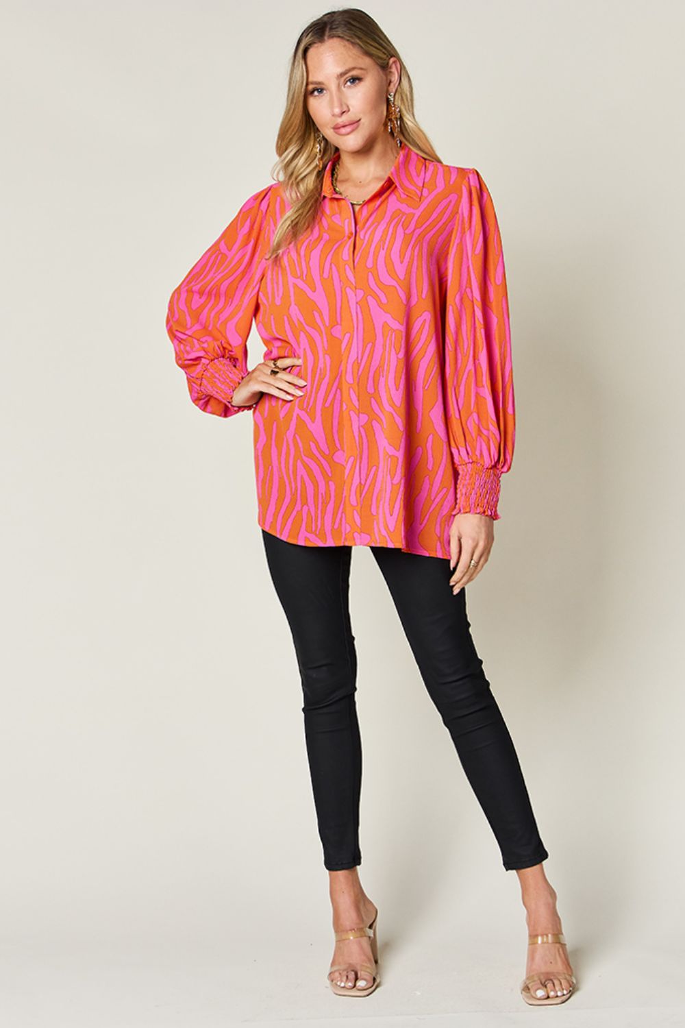 Double Take - Printed Smocked Long Sleeve Blouse - Size: S-3XL