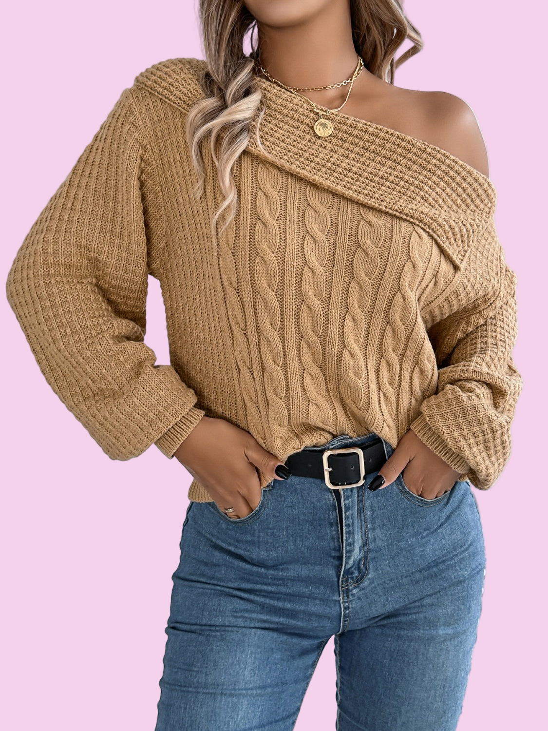 Cable-Knit One Shoulder Long Sleeve Sweater - Size: S-XL
