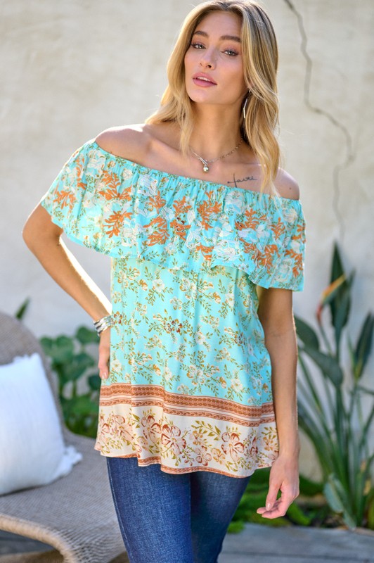 Davi & Dani - Printed Off Shoulder Smocked Top