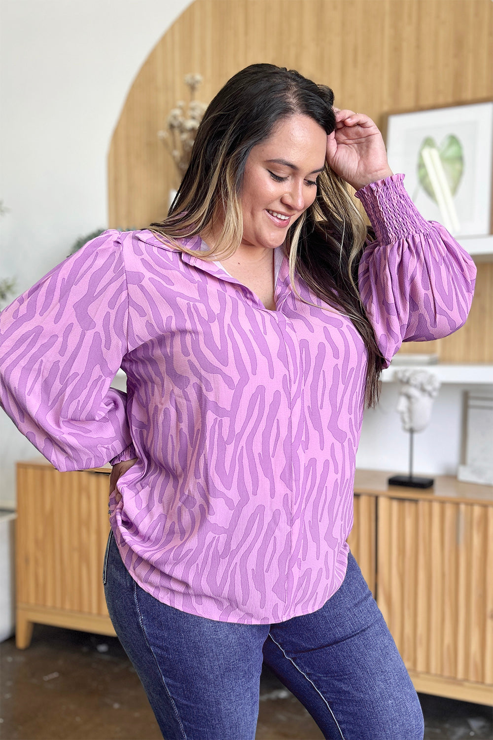 Double Take - Printed Smocked Long Sleeve Blouse - Size: S-3XL