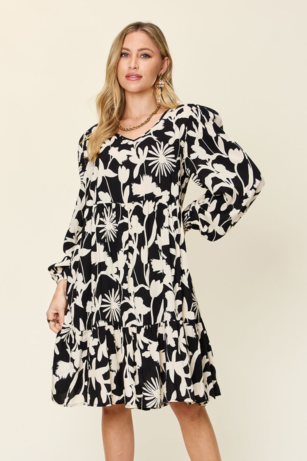 Double Take - Printed Ruffle Hem Dress with Pocket - Size: S-3XL