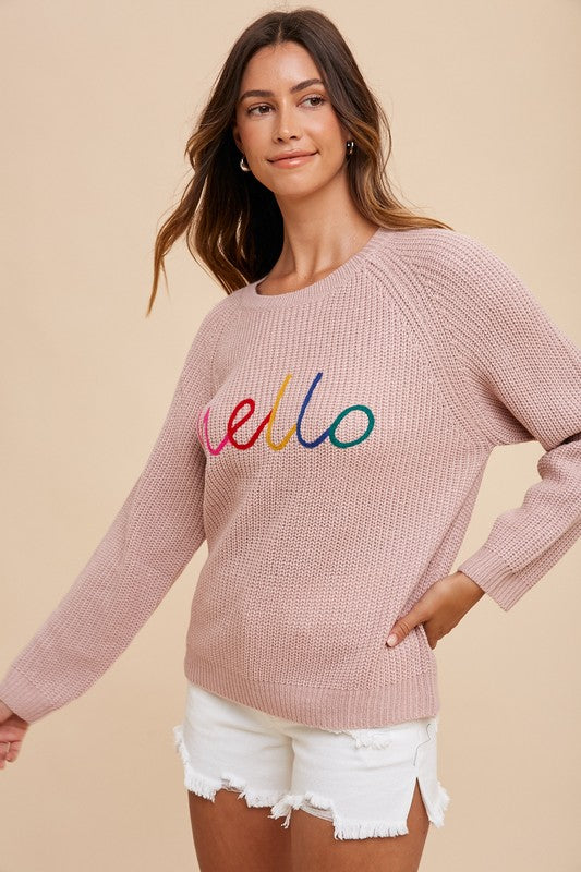 Annie Wear - HELLO Embroidered Raglan Sleeve Sweater - Size: S-XL