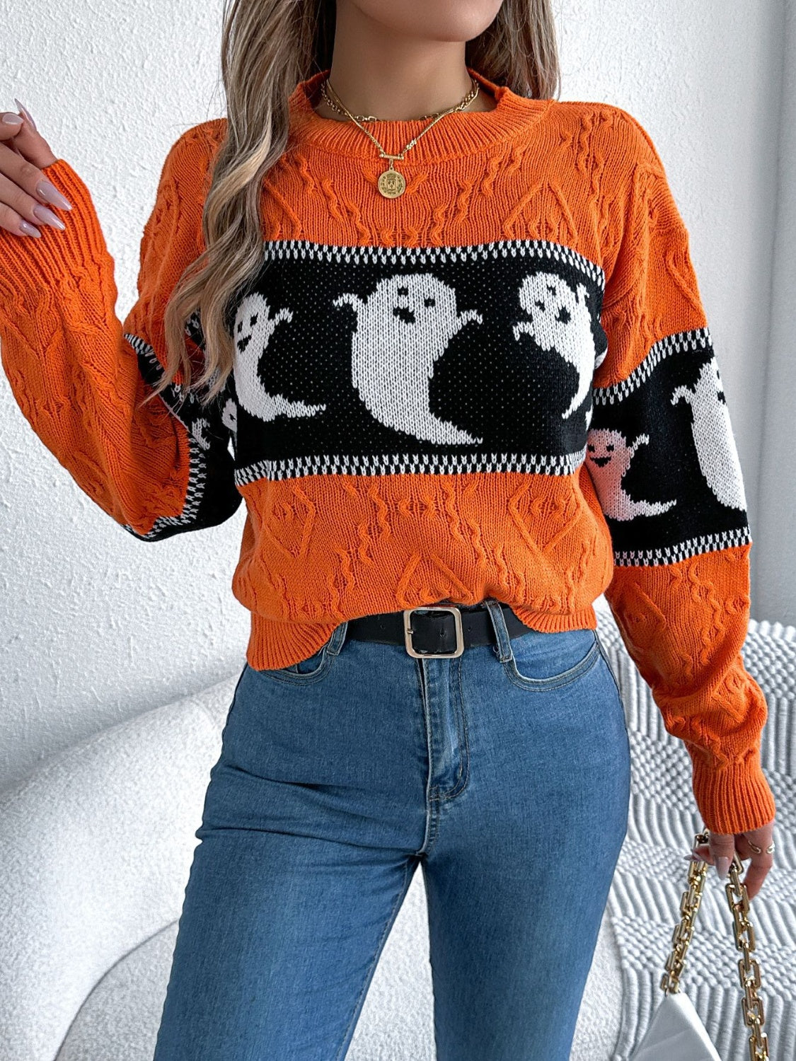 Ghost - Round Neck Long Sleeve Sweater - Halloween Collection