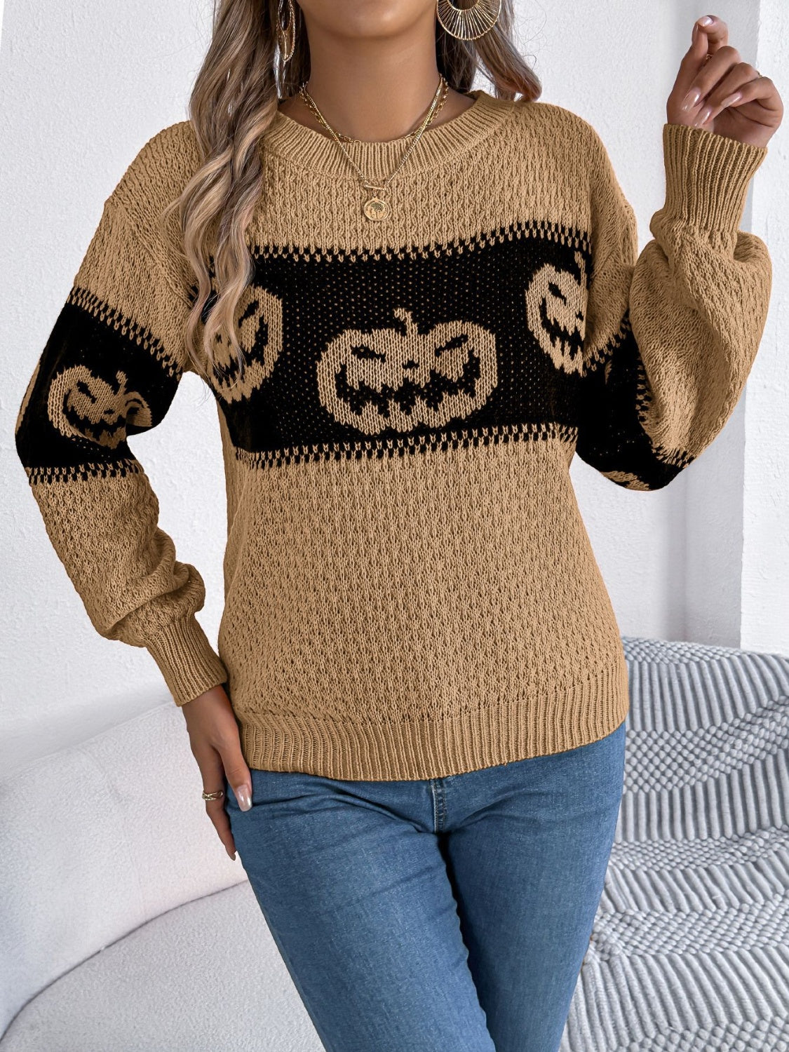 Pumpkin - Round Neck Long Sleeve Sweater - Halloween Collection