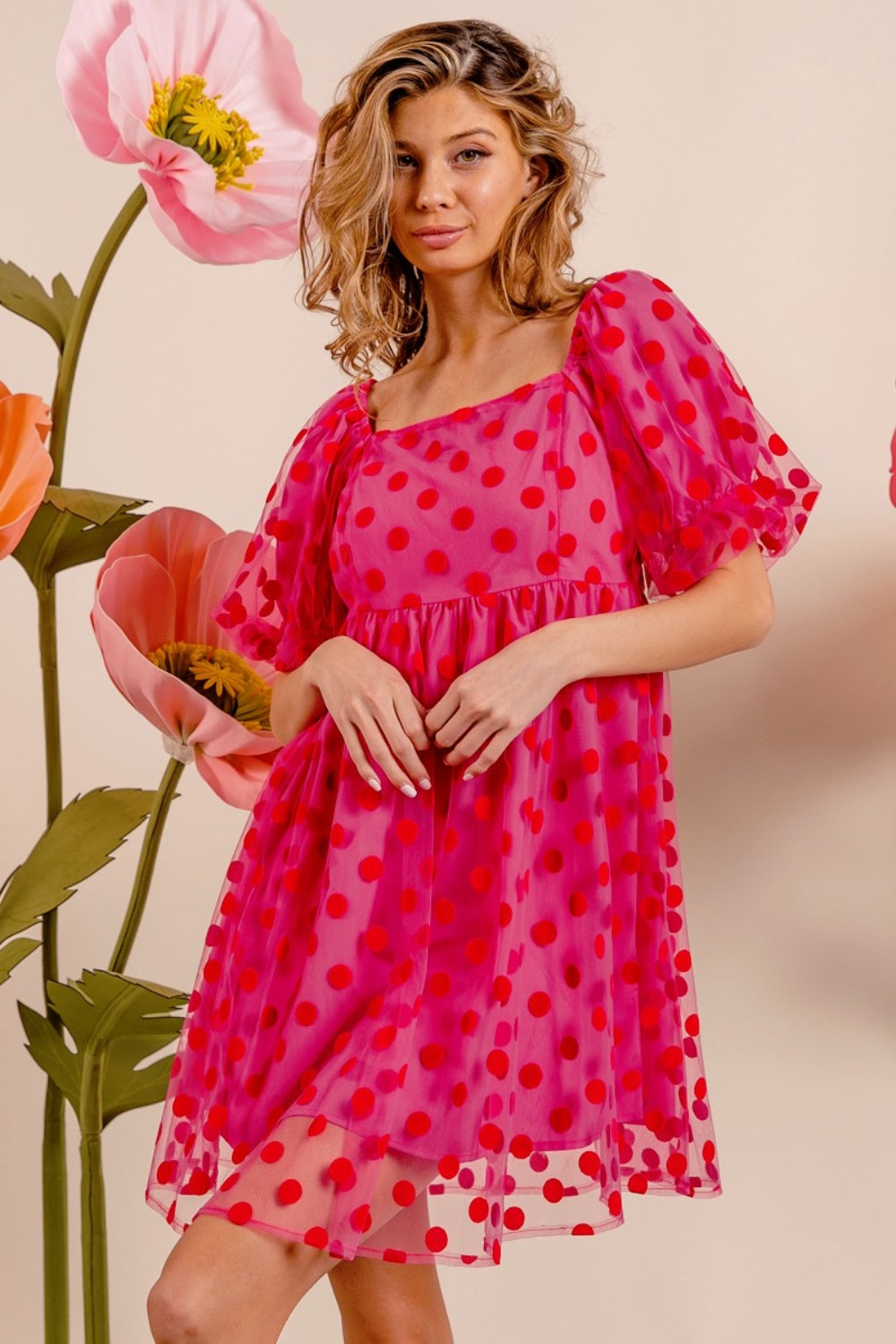 BiBi - Polka Dot Mesh Puff Sleeve Dress