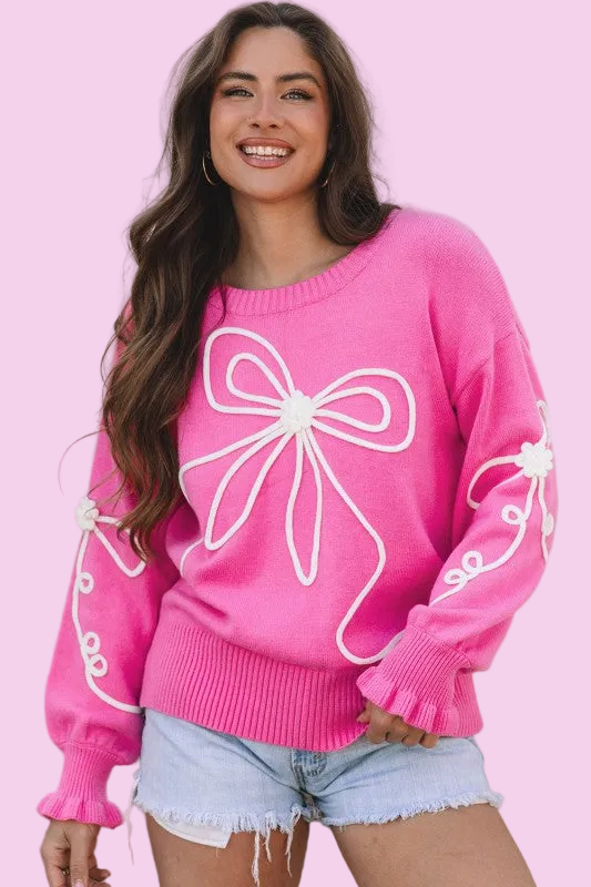 Valentine Bow Corded Embroidery Ruffle Cuff Pink Sweater - Size: S-L