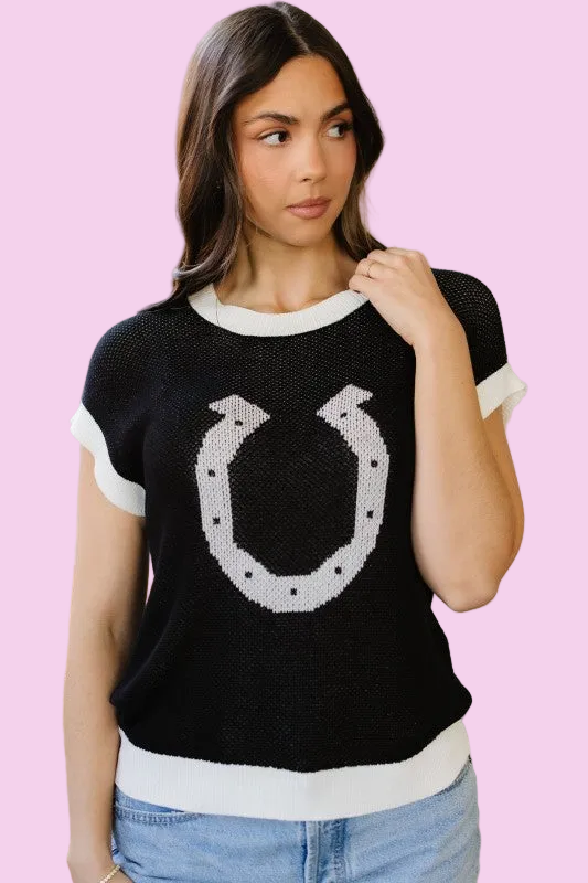 Black Western Horseshoe Contrast Trim Short Sleeve Sweater - Size: S-XL