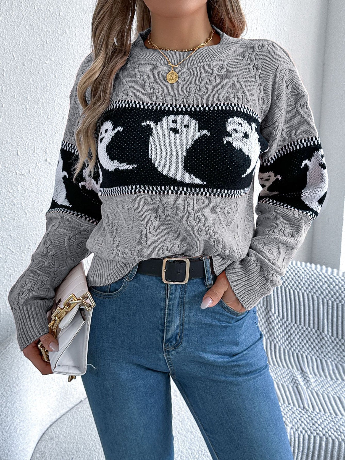 Ghost - Round Neck Long Sleeve Sweater - Halloween Collection