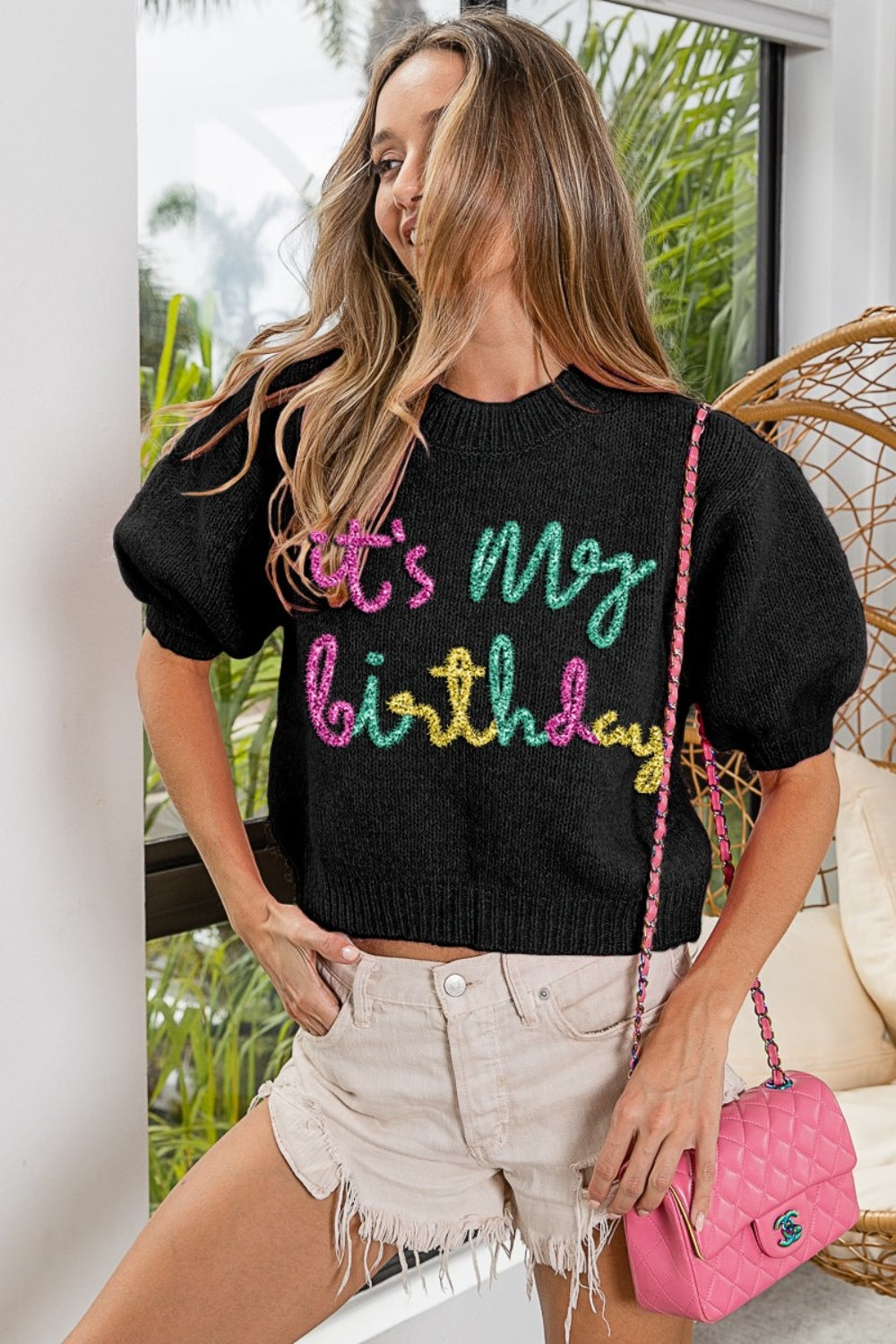 BiBi - Metallic Letter "It's My Birthday" Puff Sleeve Hairy Sweater