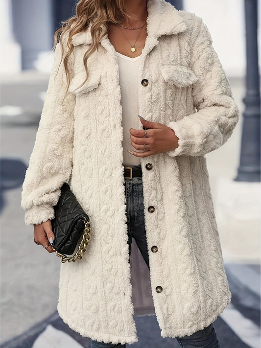 Fuzzy Button Up Long Sleeve Longline Coat - Size: S-2XL