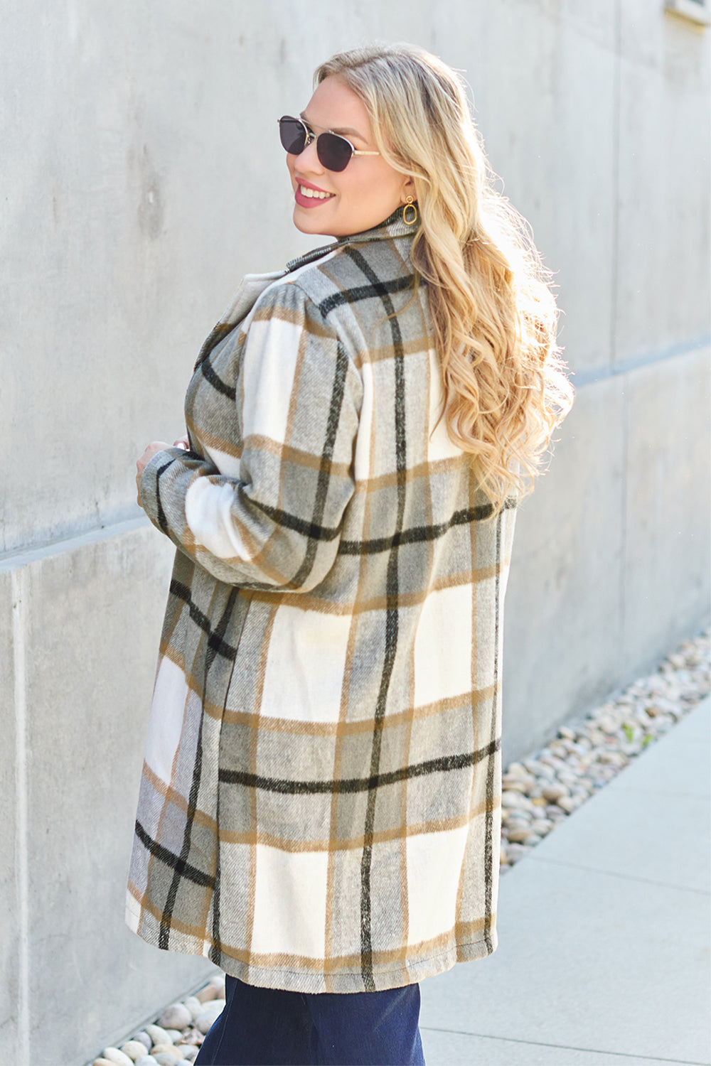 Double Take - Plaid Button Up Lapel Collar Coat - Size: S-3XL