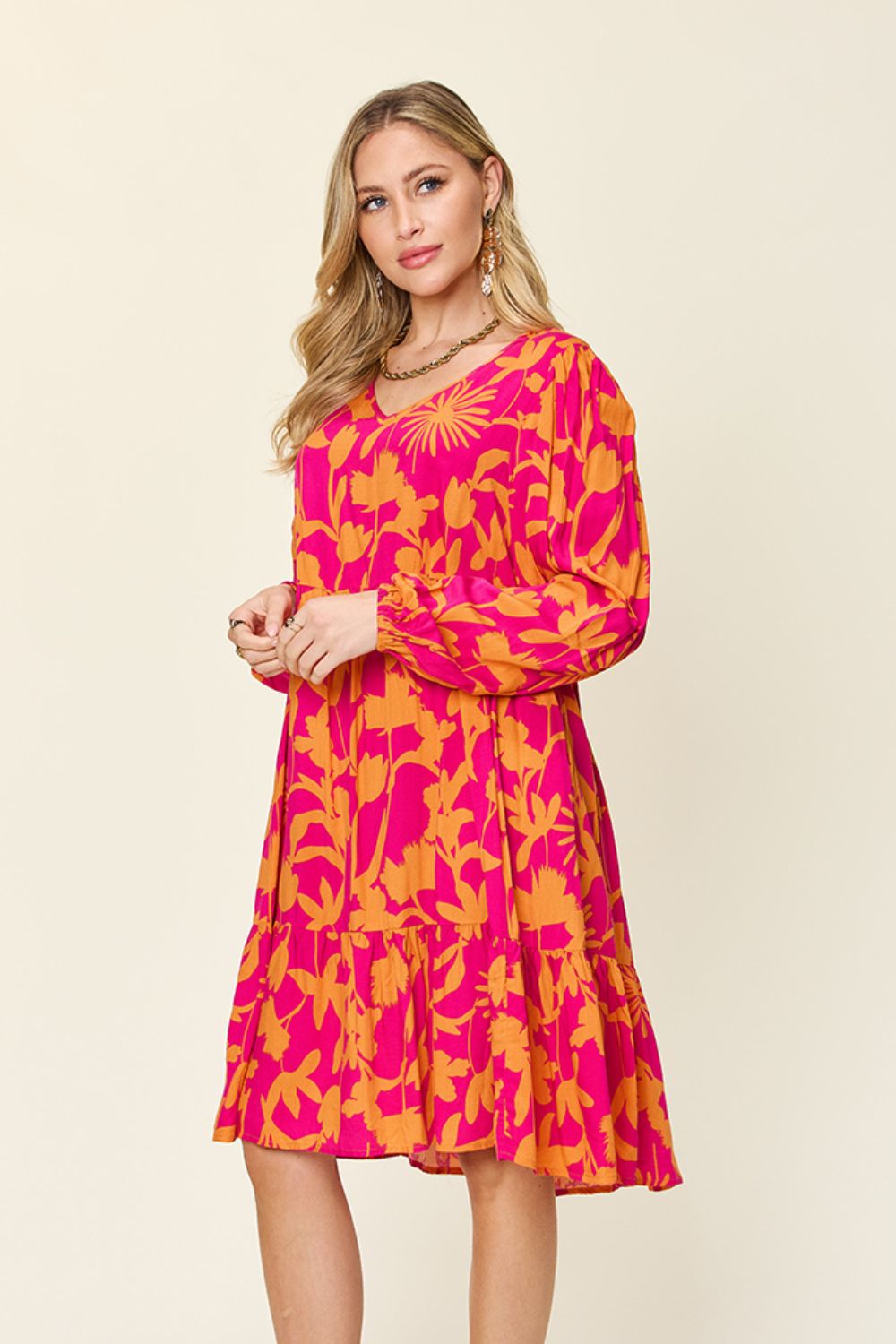 Double Take - Printed Ruffle Hem Dress with Pocket - Size: S-3XL