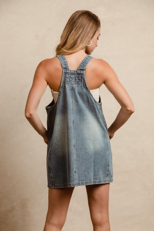 BiBi - Washed Adjustable Strap Denim Overall Dress - Size: S-XL