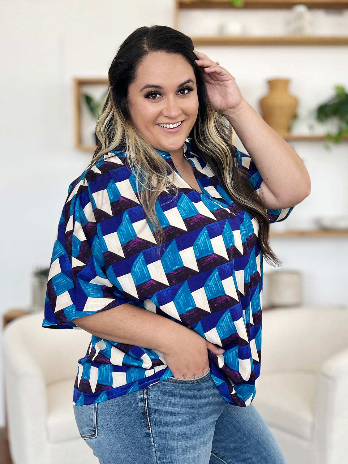 Double Take - Geometric Notched Half Sleeve Blouse - S-3XL