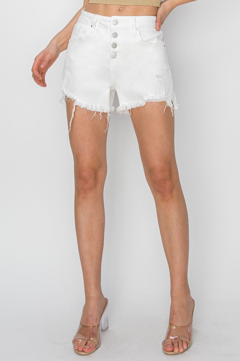 RISEN - Button Fly Frayed Hem Denim Shorts