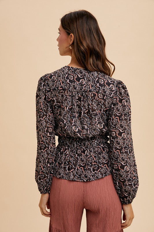 Annie Wear - Abstract Print Balloon Sleeve Peplum Blouse - Size: S-XL