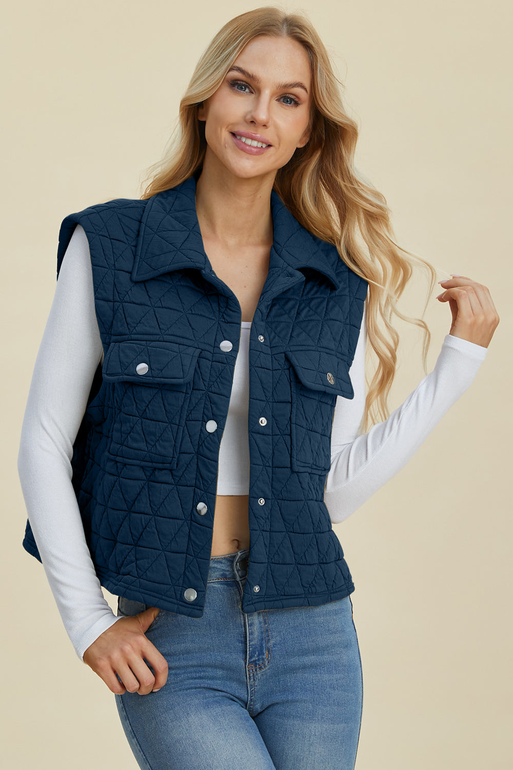 Double Take - Pocketed Texture Snap Down Vest Coat - Size: S-3XL