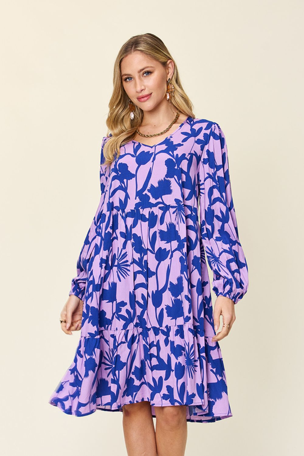 Double Take - Printed Ruffle Hem Dress with Pocket - Size: S-3XL