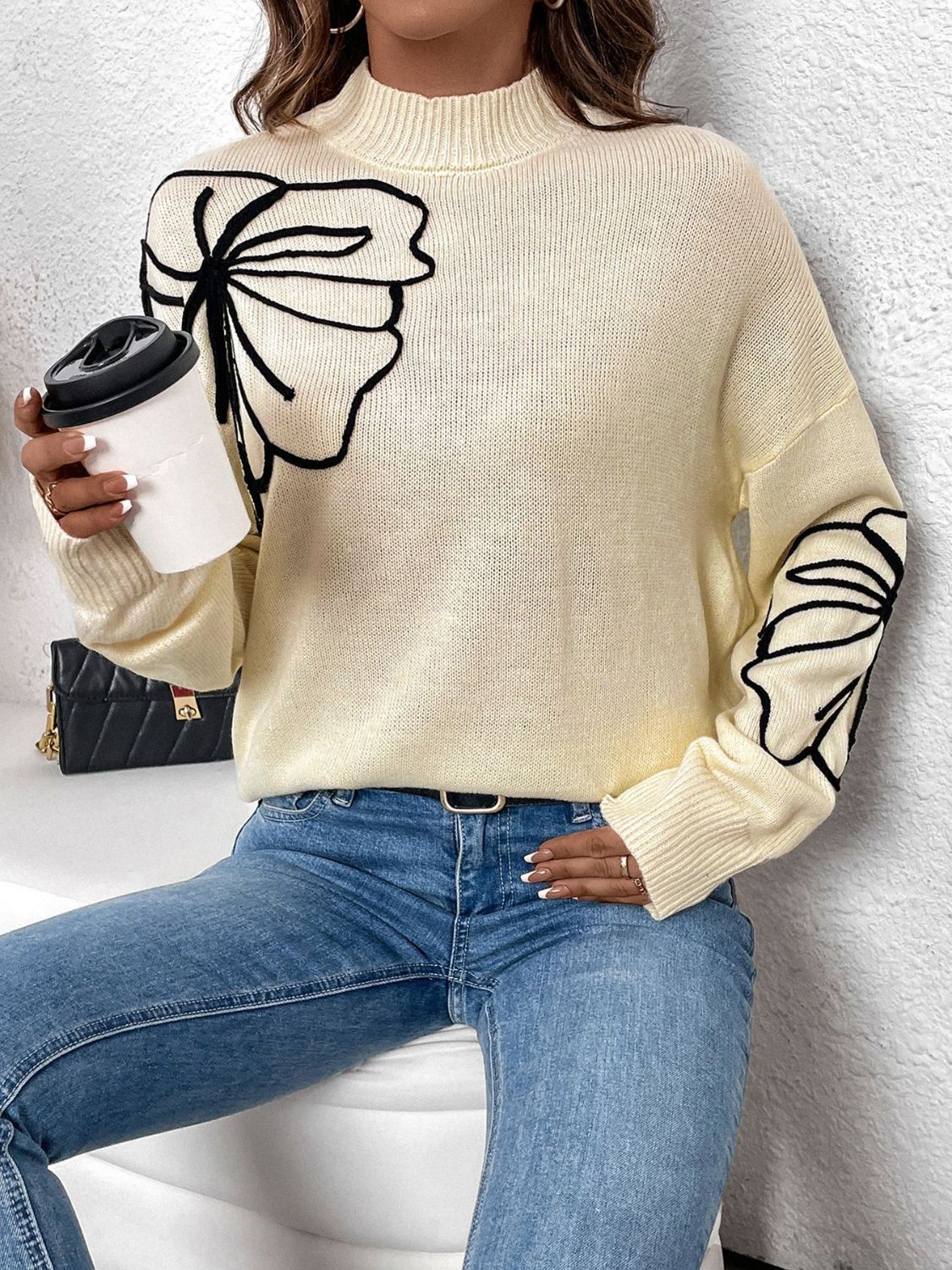 Perfee - Mock Neck Dropped Shoulder Long Sleeve Sweater