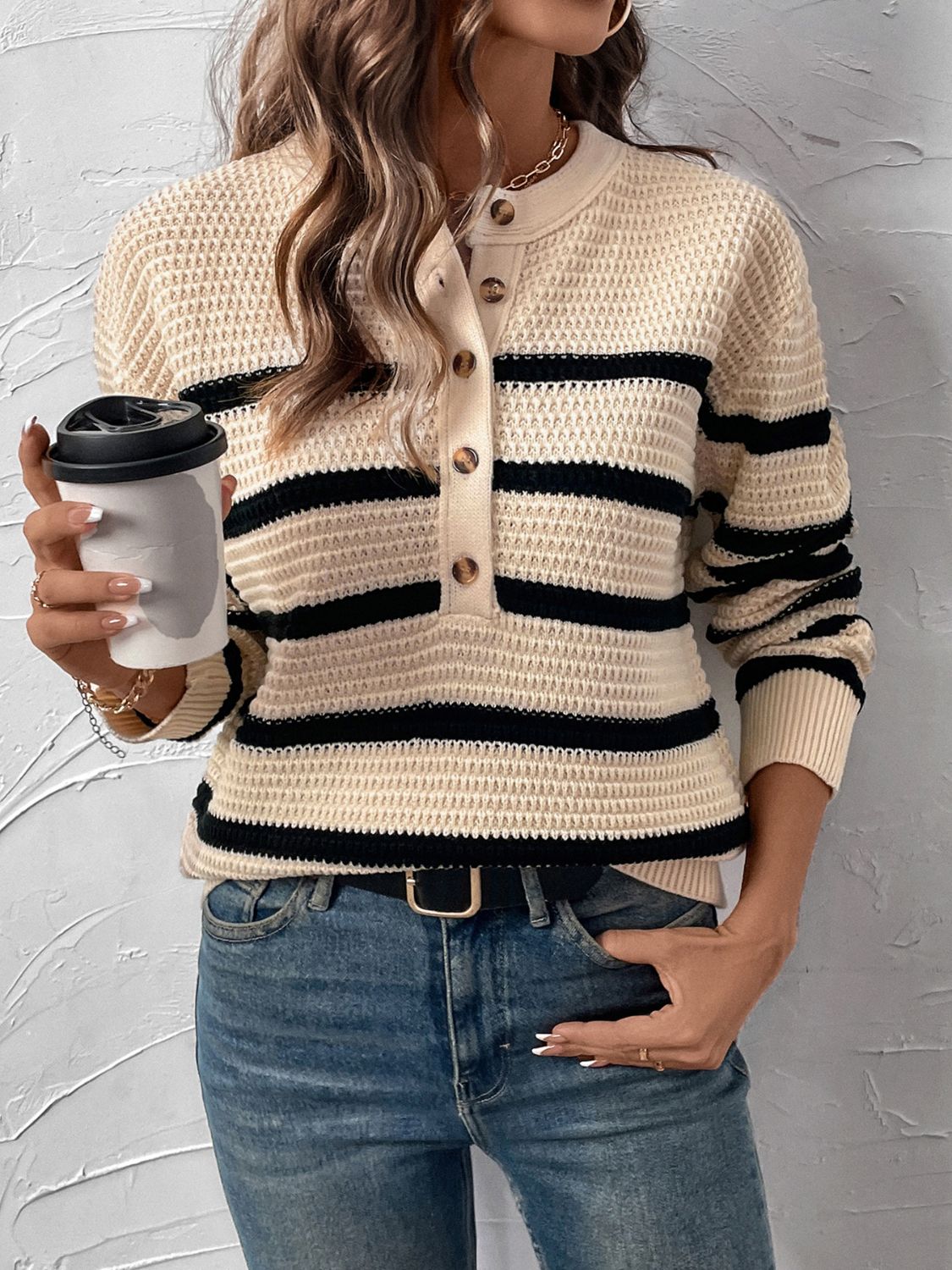 Perfee - Striped Half Button Long Sleeve Sweater