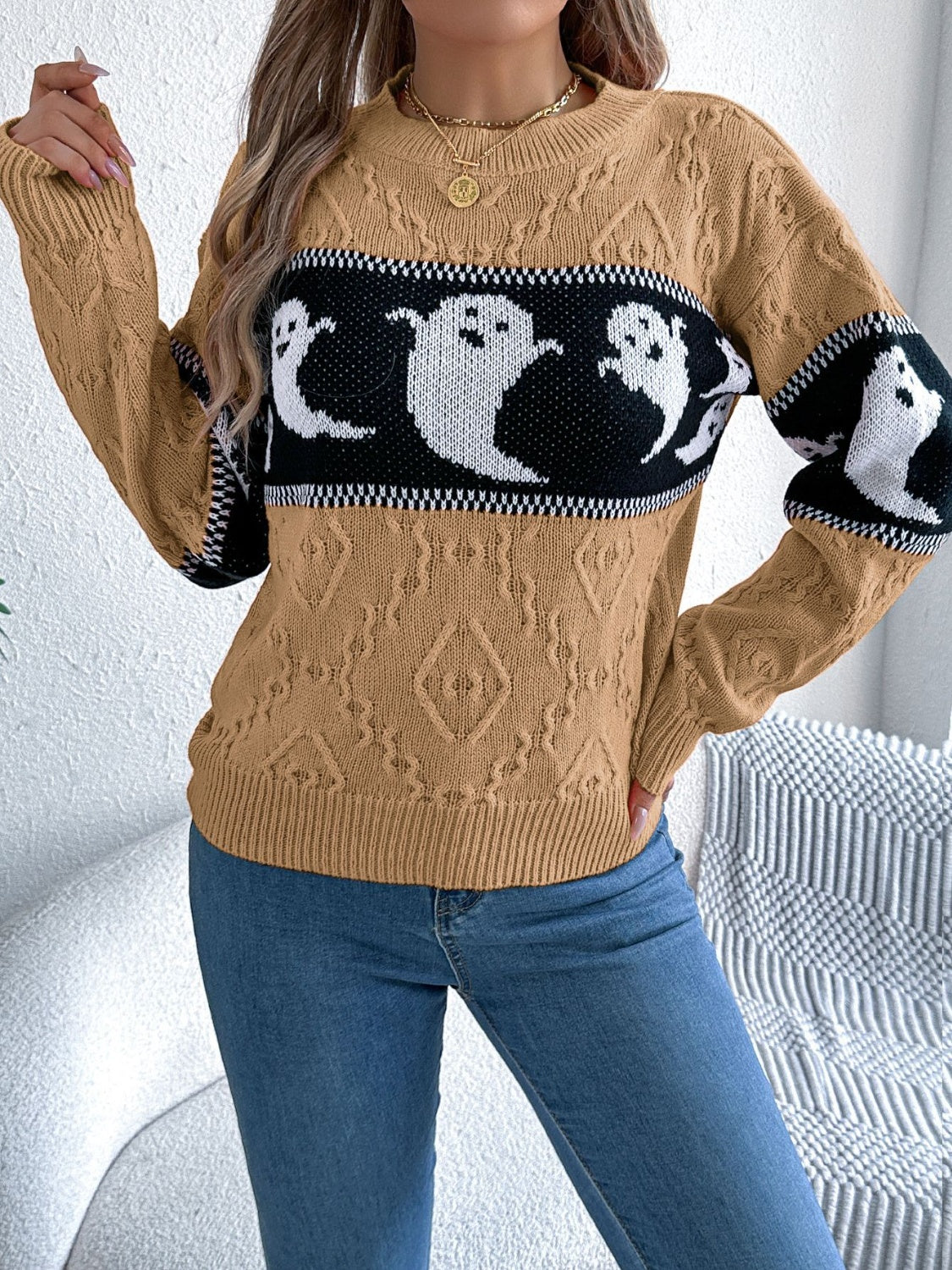 Ghost - Round Neck Long Sleeve Sweater - Halloween Collection