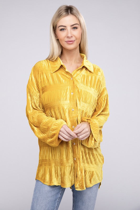 Bibi - Wrinkle Effect Tiered Shirring Velvet Shirt w/ Color Options