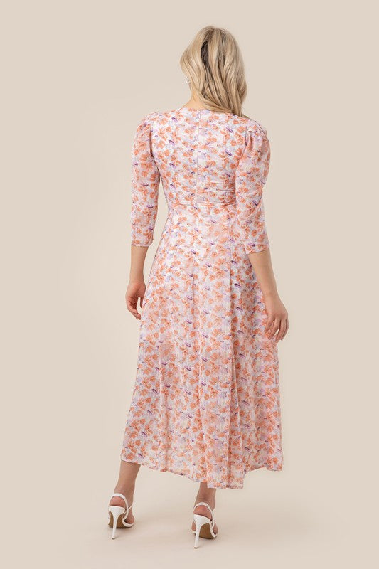 V Neck Floral Lined Chiffon Maxi Dress