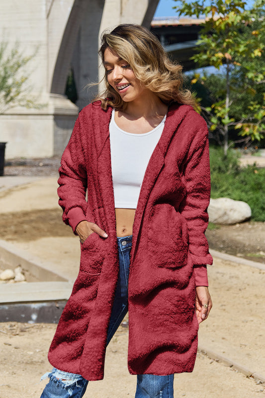 Double Take - Hooded Teddy Bear Jacket with Thumbholes - Size: S-3XL