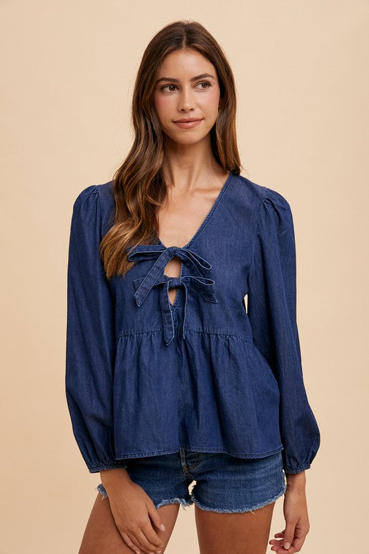 Annie Wear - Tie Front Peplum Long Sleeve Denim Top - Size: S-XL