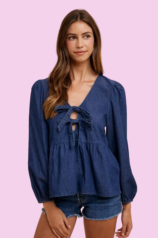 Annie Wear - Tie Front Peplum Long Sleeve Denim Top - Size: S-XL