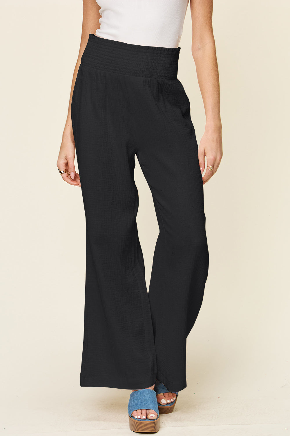 Double Take - Texture Smocked Waist Wide Leg Pants - Size: S-3XL