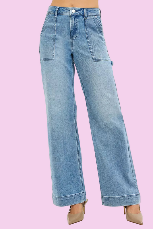 RISEN - Medium Wash High Rise Straight Leg Jeans with Front Pockets - Size: 0-15 & 1XL-3XL